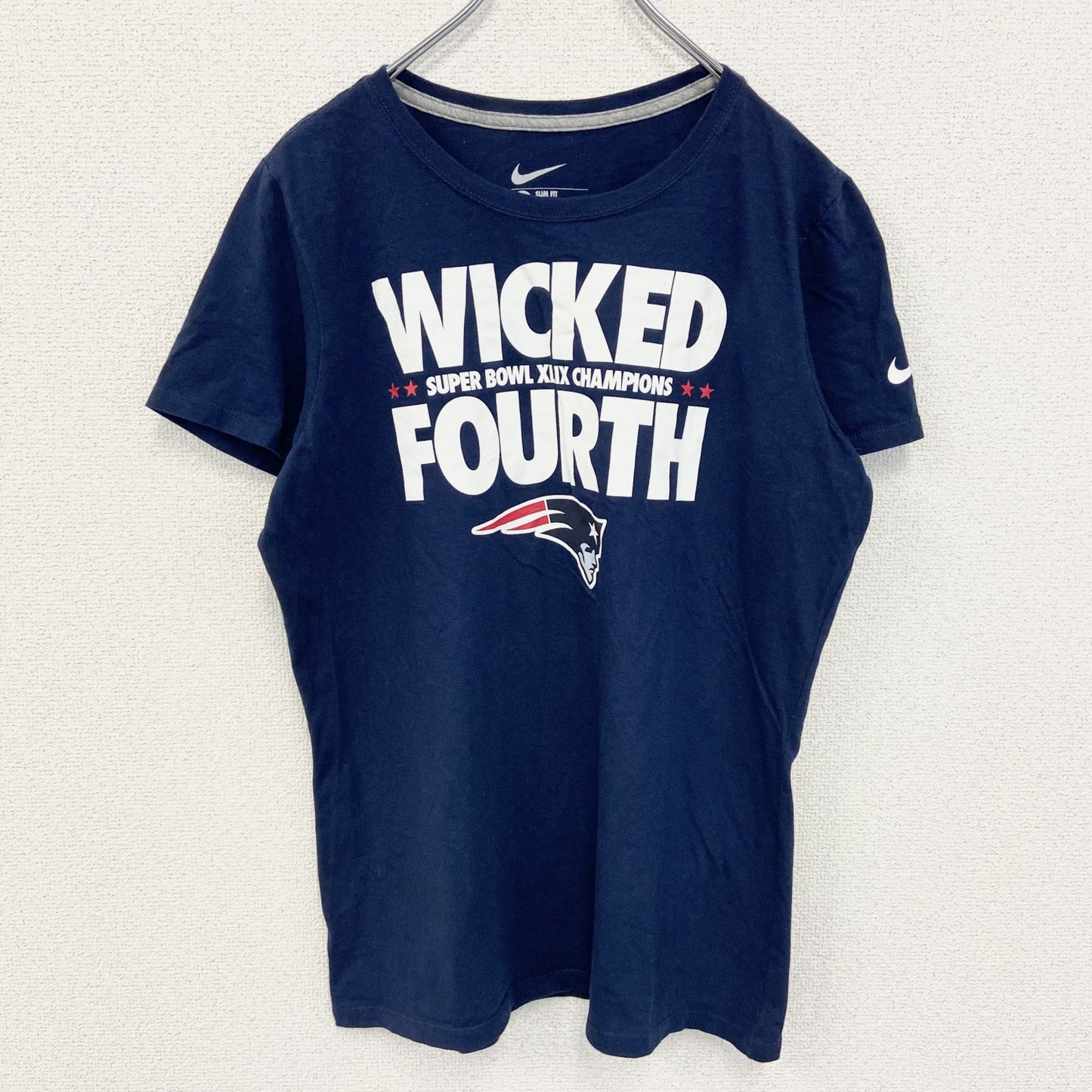 古着 used　NIKE ナイキ　NFL　ペイトリオッツ　半袖ロゴプリントTシャツ　クルーネック　ネイビー　ワンポイントロゴ