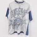 半袖イラストプリントTシャツ　アーチプリント　両面プリント　切り替え　スポーツ　霜降りグレー　青　ブルー　XLサイズ　古着