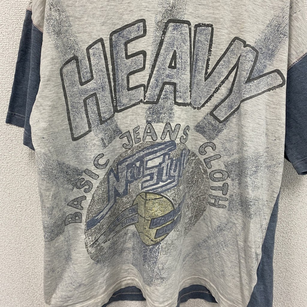 半袖イラストプリントTシャツ　アーチプリント　両面プリント　切り替え　スポーツ　霜降りグレー　青　ブルー　XLサイズ　古着