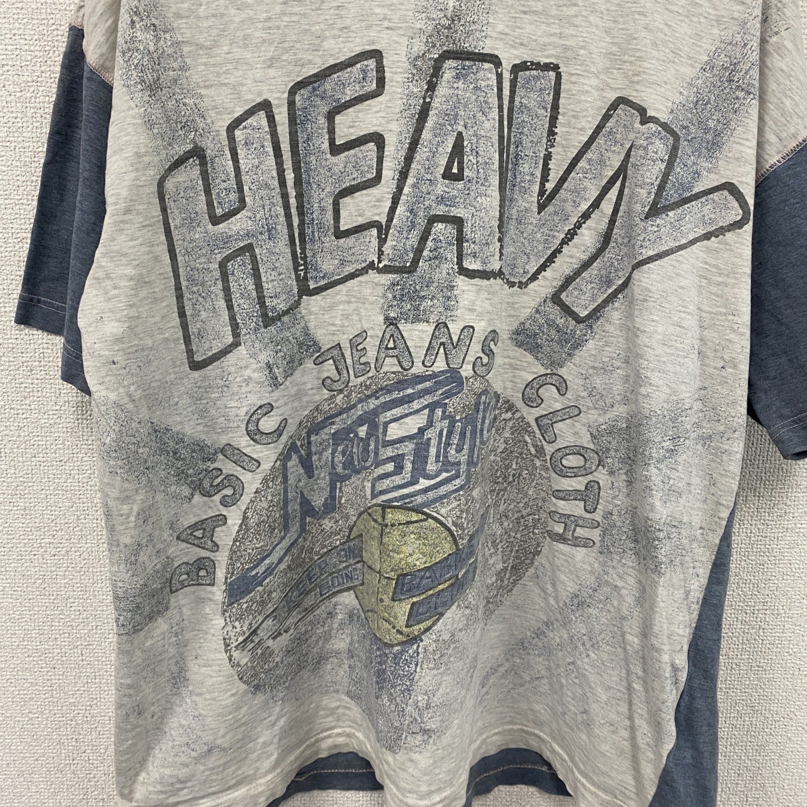 半袖イラストプリントTシャツ　アーチプリント　両面プリント　切り替え　スポーツ　霜降りグレー　青　ブルー　XLサイズ　古着