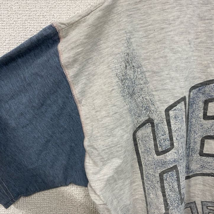 半袖イラストプリントTシャツ　アーチプリント　両面プリント　切り替え　スポーツ　霜降りグレー　青　ブルー　XLサイズ　古着