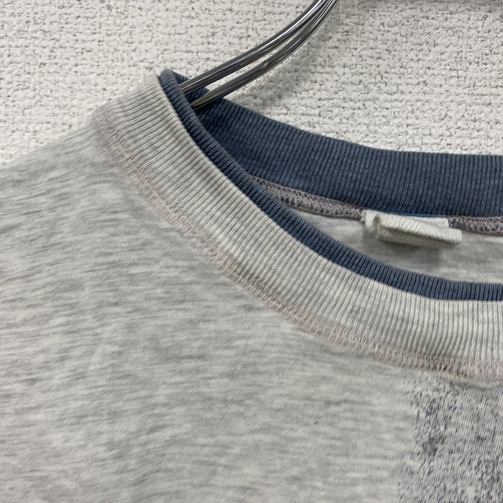 半袖イラストプリントTシャツ　アーチプリント　両面プリント　切り替え　スポーツ　霜降りグレー　青　ブルー　XLサイズ　古着