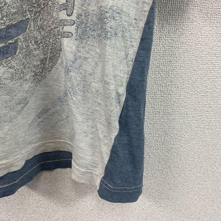 半袖イラストプリントTシャツ　アーチプリント　両面プリント　切り替え　スポーツ　霜降りグレー　青　ブルー　XLサイズ　古着