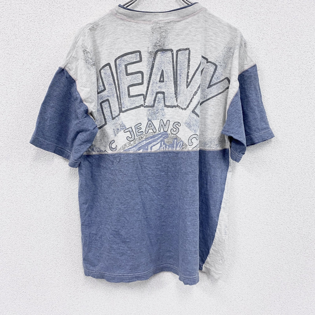 半袖イラストプリントTシャツ　アーチプリント　両面プリント　切り替え　スポーツ　霜降りグレー　青　ブルー　XLサイズ　古着