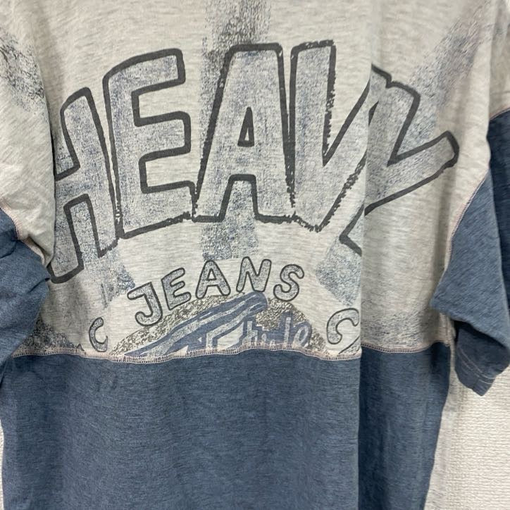 半袖イラストプリントTシャツ　アーチプリント　両面プリント　切り替え　スポーツ　霜降りグレー　青　ブルー　XLサイズ　古着