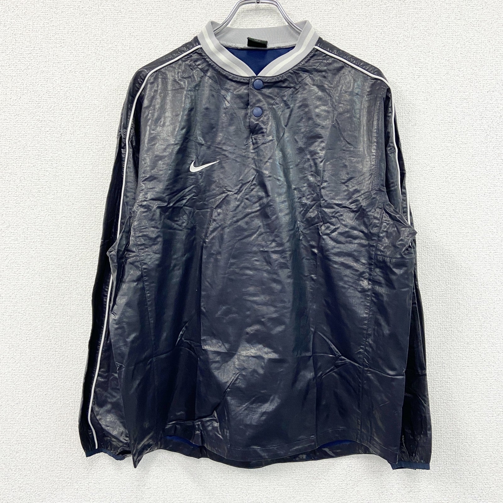 00s　NIKE　ナイキ　ハーフボタンナイロンプルオーバージャケット　スウッシュ　デカロゴ　ヴィンテージ　黒　ブラック　XLサイズ　古着