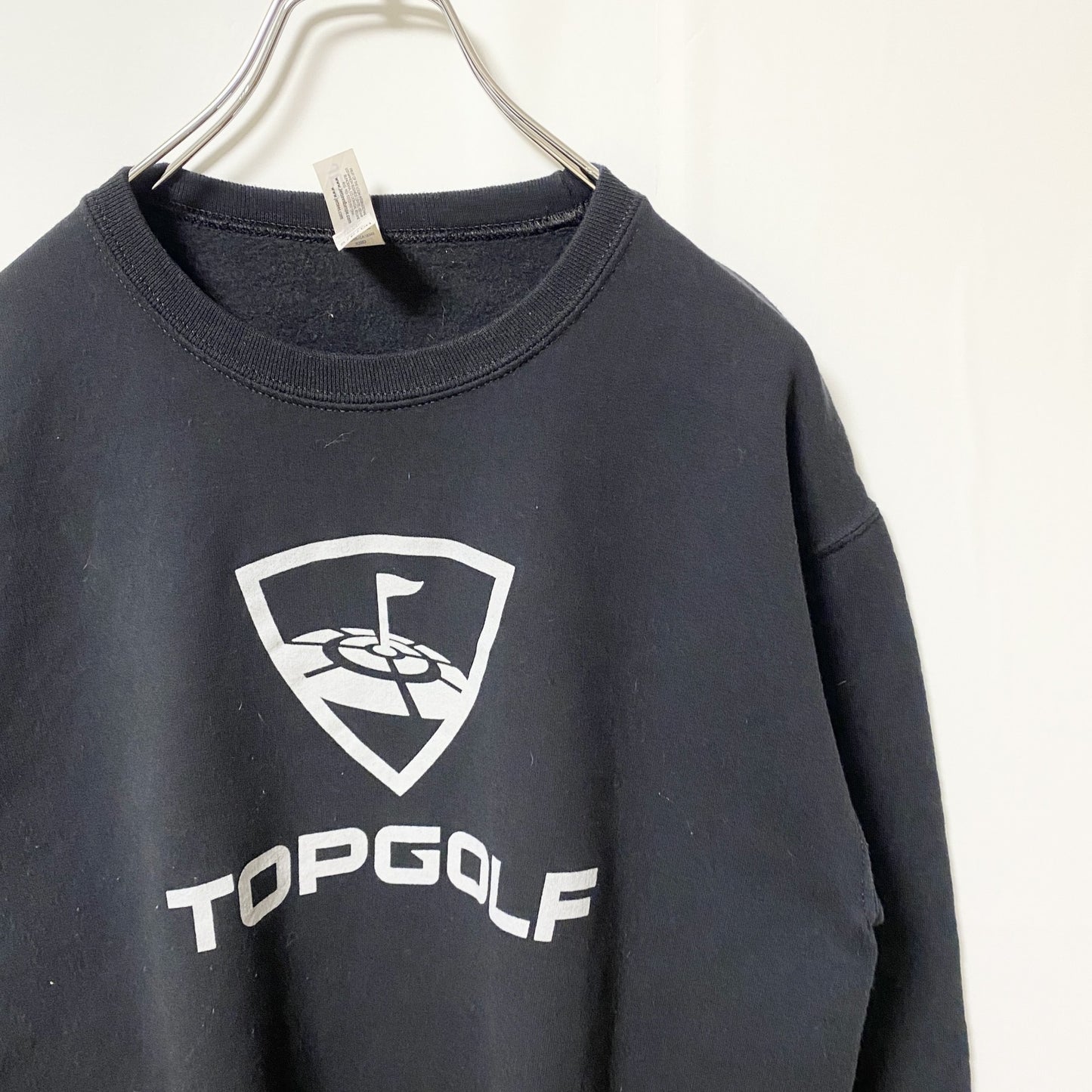 古着 used　JERZEES ジャージーズ　長袖プリントスウェット　トレーナー　TOPGOLF　クルーネック　黒　Sサイズ