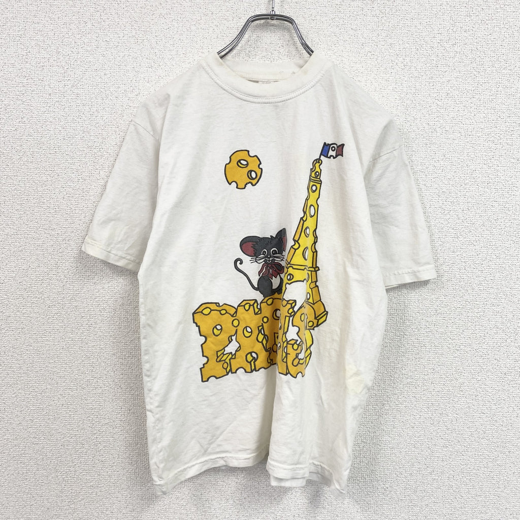 00s　半袖プリントTシャツ　アニマルT　エッフェル塔　ユーロヴィンテージ　白　ホワイト　　古着