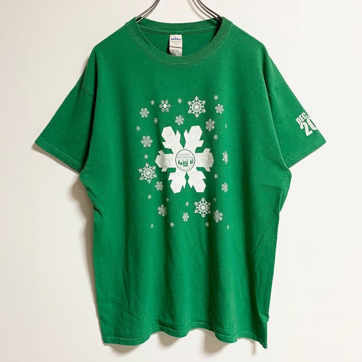 GILDAN　ギルダン　半袖フロントプリントTシャツ　クルーネック　雪の結晶　緑　グリーン　Lサイズ　古着