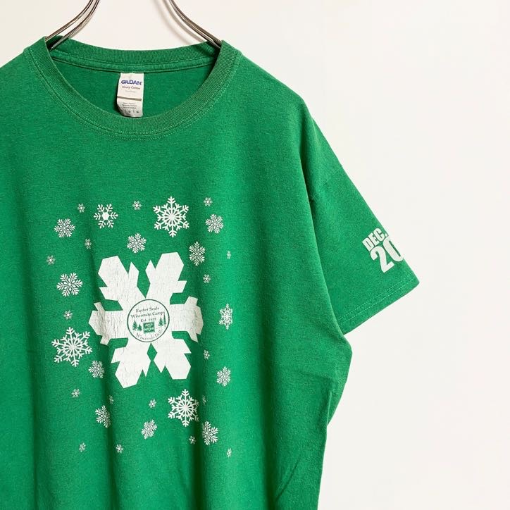 GILDAN　ギルダン　半袖フロントプリントTシャツ　クルーネック　雪の結晶　緑　グリーン　Lサイズ　古着
