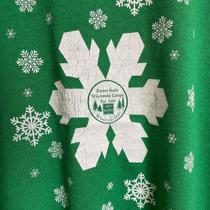 GILDAN　ギルダン　半袖フロントプリントTシャツ　クルーネック　雪の結晶　緑　グリーン　Lサイズ　古着