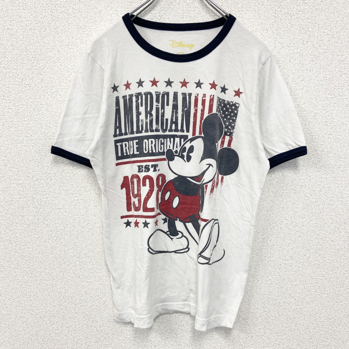 Disney ディズニー　半袖プリントリンガーTシャツ　キャラクター　アメリカ　星条旗デザイン　Sサイズ　古着