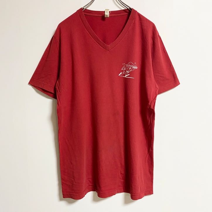 CANVAS　半袖ワンポイントTシャツ　バックプリント　Vネック　PIZZA　ピザ　赤　レッド　Lサイズ　古着
