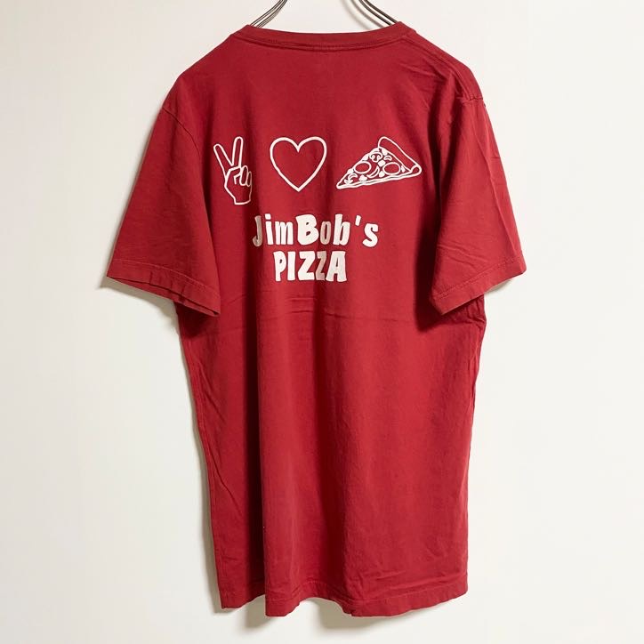 CANVAS　半袖ワンポイントTシャツ　バックプリント　Vネック　PIZZA　ピザ　赤　レッド　Lサイズ　古着