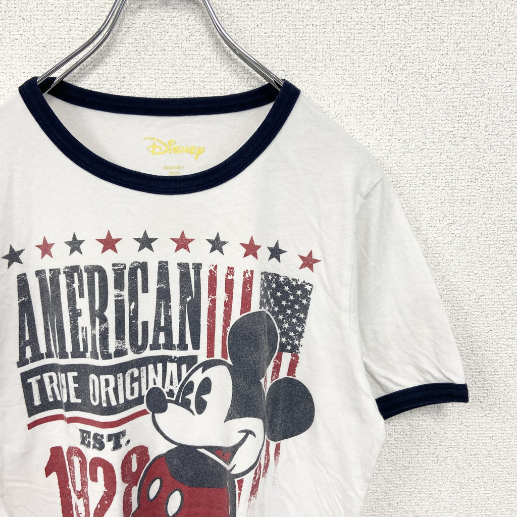 Disney ディズニー　半袖プリントリンガーTシャツ　キャラクター　アメリカ　星条旗デザイン　Sサイズ　古着