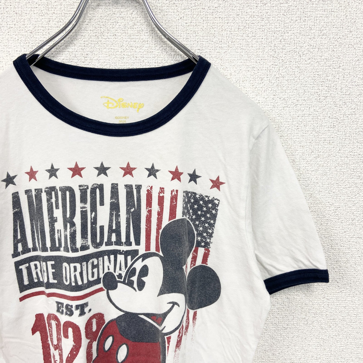 Disney ディズニー　半袖プリントリンガーTシャツ　キャラクター　アメリカ　星条旗デザイン　Sサイズ　古着