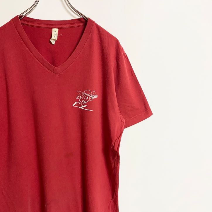 CANVAS　半袖ワンポイントTシャツ　バックプリント　Vネック　PIZZA　ピザ　赤　レッド　Lサイズ　古着