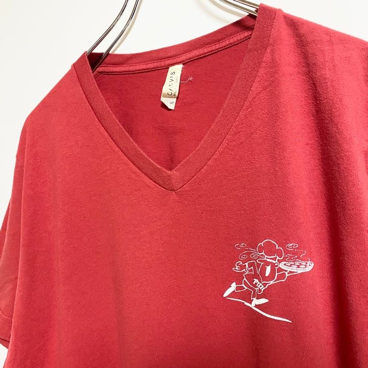 CANVAS　半袖ワンポイントTシャツ　バックプリント　Vネック　PIZZA　ピザ　赤　レッド　Lサイズ　古着