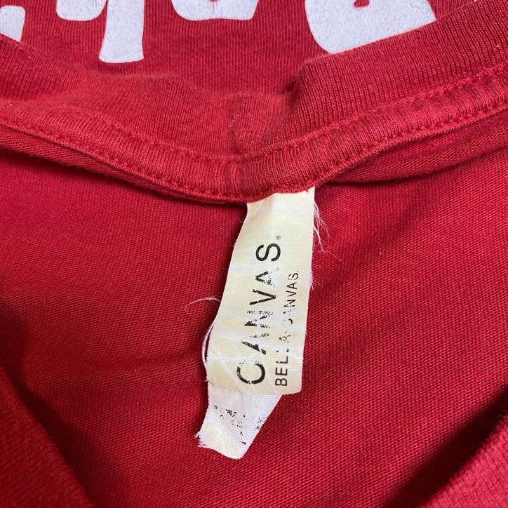 CANVAS　半袖ワンポイントTシャツ　バックプリント　Vネック　PIZZA　ピザ　赤　レッド　Lサイズ　古着