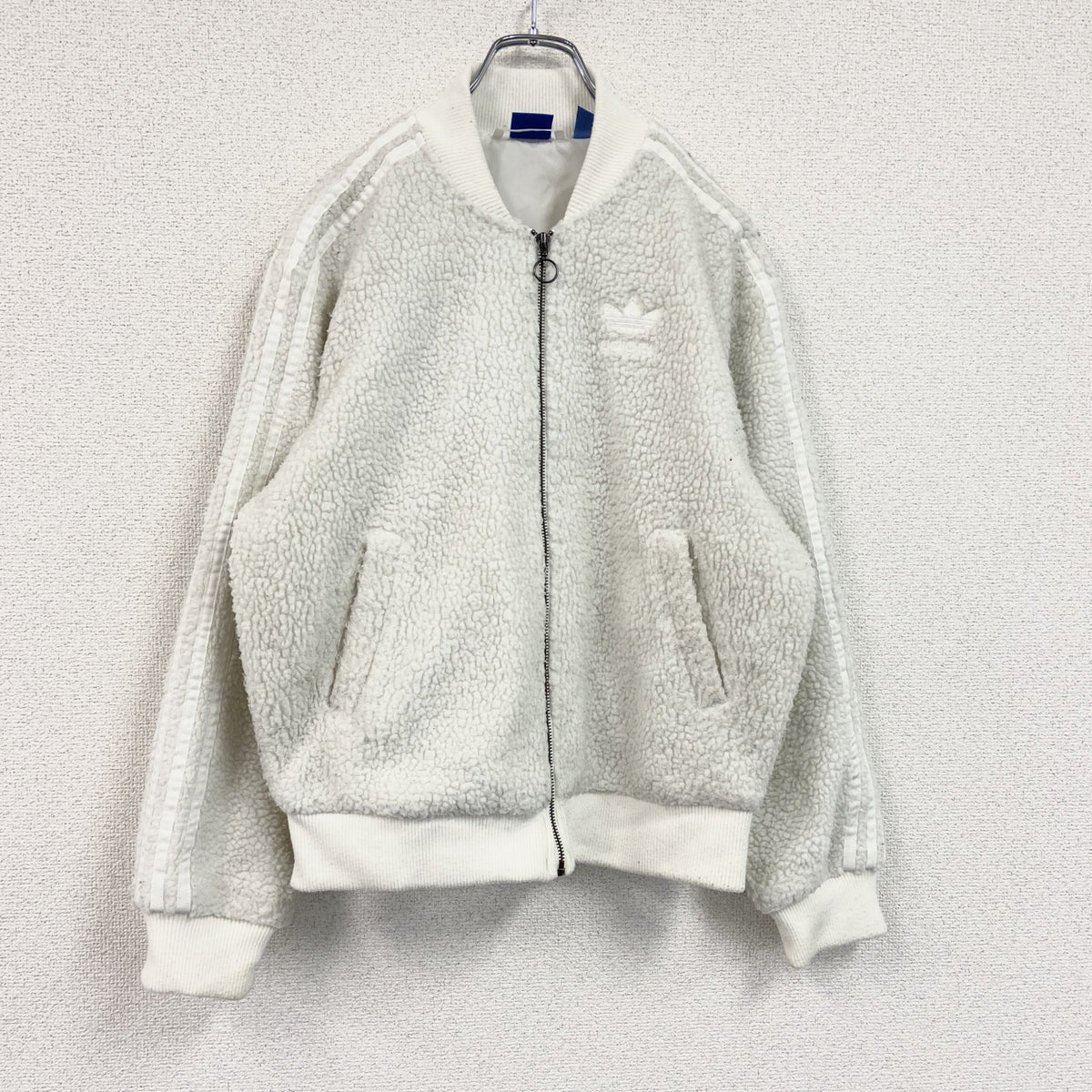 adidas　アディダス　フリースジャケット/ボアジャケット　トレフォイルロゴ　刺繍ロゴ　白　ホワイト　Lサイズ　古着