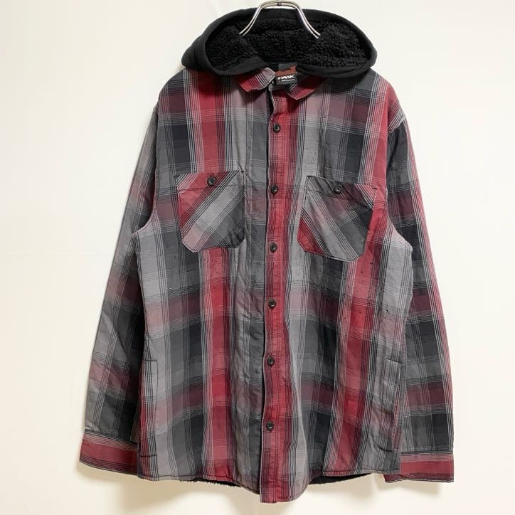 HAWK　長袖チェック柄シャツジャケット　裏ボアパーカー　赤　レッド　グレー　灰色　秋冬服　レトロ　Lサイズ　古着