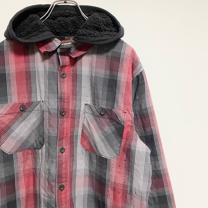 HAWK　長袖チェック柄シャツジャケット　裏ボアパーカー　赤　レッド　グレー　灰色　秋冬服　レトロ　Lサイズ　古着