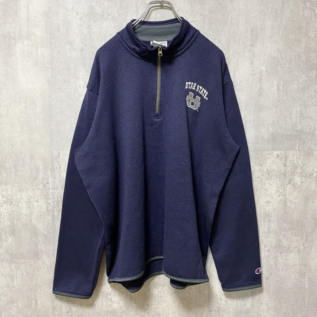 Champion　チャンピオン　長袖ハーフジップ刺繍スウェット　カレッジトレーナー　ネイビー　紺　ハイネック　Lサイズ　古着
