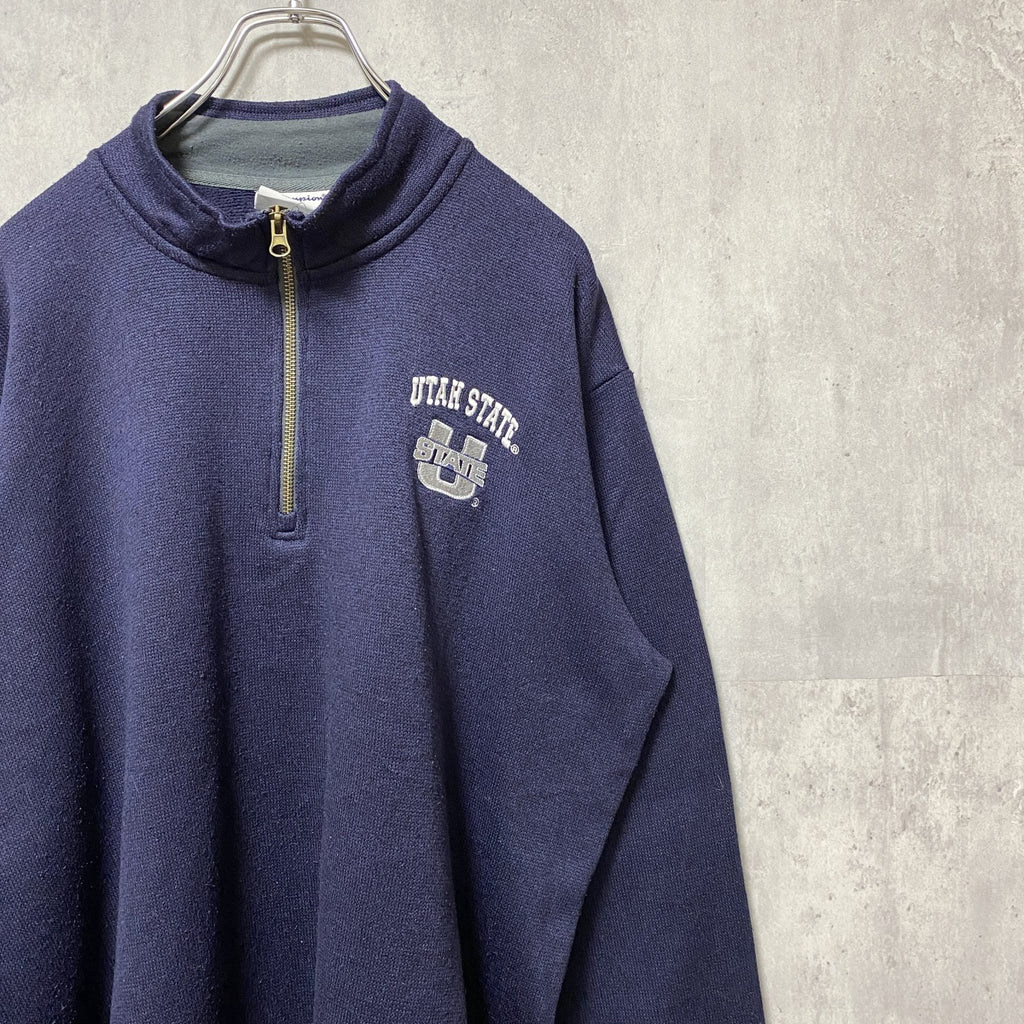Champion　チャンピオン　長袖ハーフジップ刺繍スウェット　カレッジトレーナー　ネイビー　紺　ハイネック　Lサイズ　古着