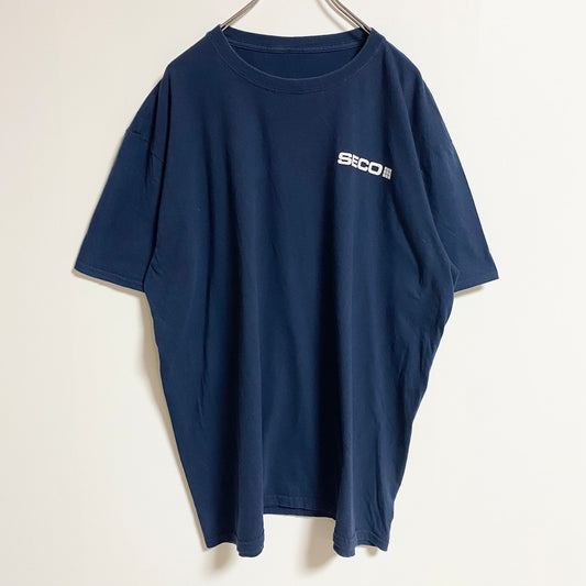 古着 used　半袖ワンポイントTシャツ　バックプリント　クルーネック　SECO　ネイビー　春夏服　メンズ　レディース