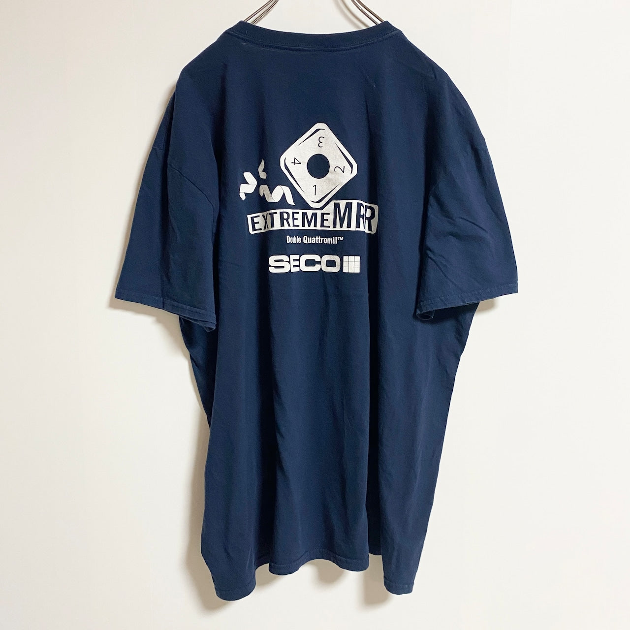 古着 used　半袖ワンポイントTシャツ　バックプリント　クルーネック　SECO　ネイビー　春夏服　メンズ　レディース