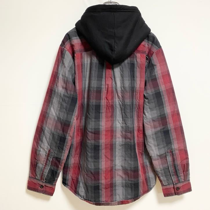HAWK　長袖チェック柄シャツジャケット　裏ボアパーカー　赤　レッド　グレー　灰色　秋冬服　レトロ　Lサイズ　古着