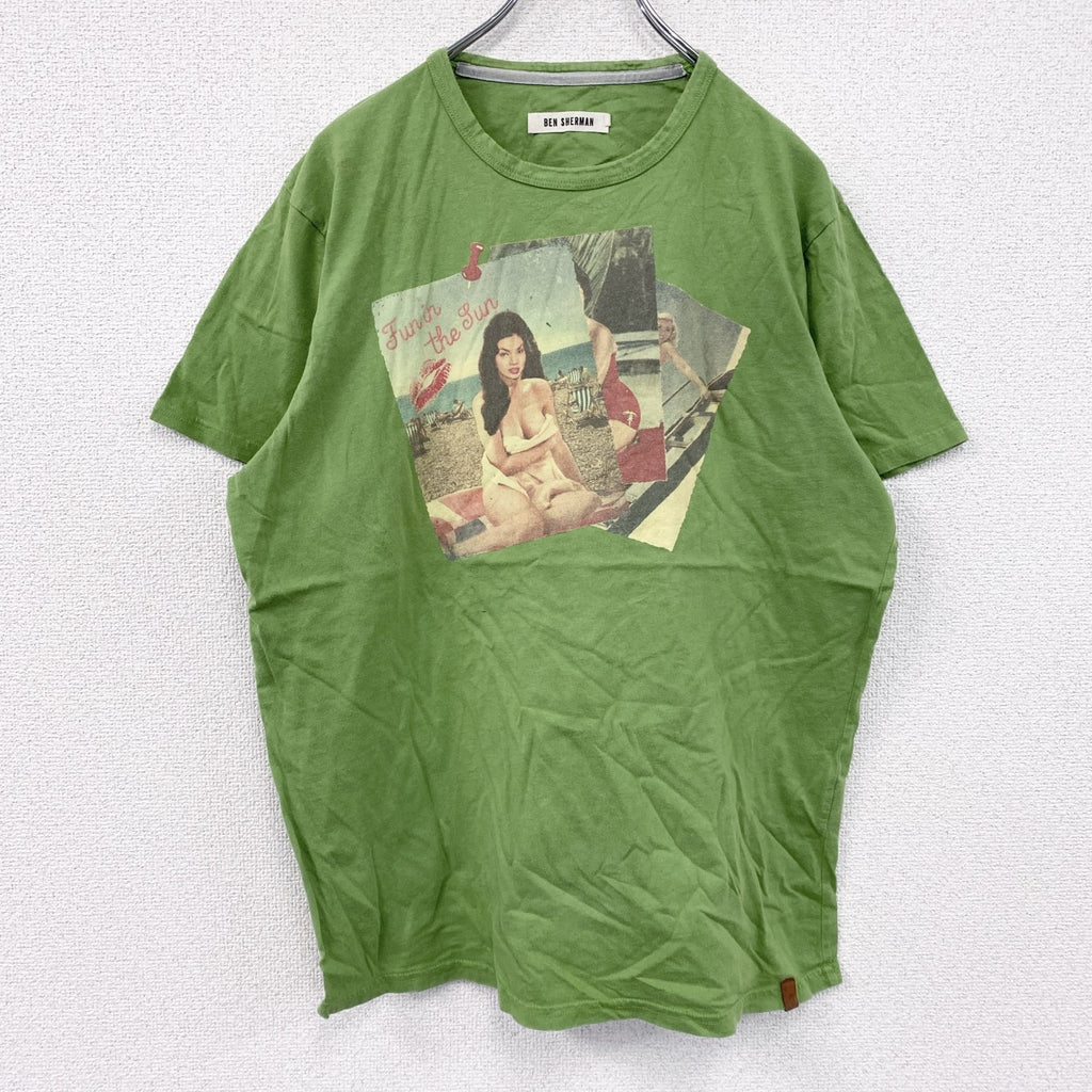 BEN SHERMAN　ベンシャーマン　半袖プリントTシャツ　ライトグリーン　黄緑　古着