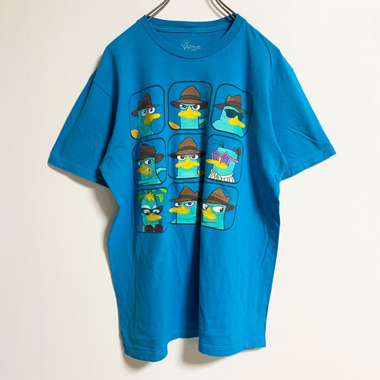 古着 used　Disney　Phineas and FERB　半袖キャラクタープリントTシャツ　水色　ライトブルー　Lサイズ