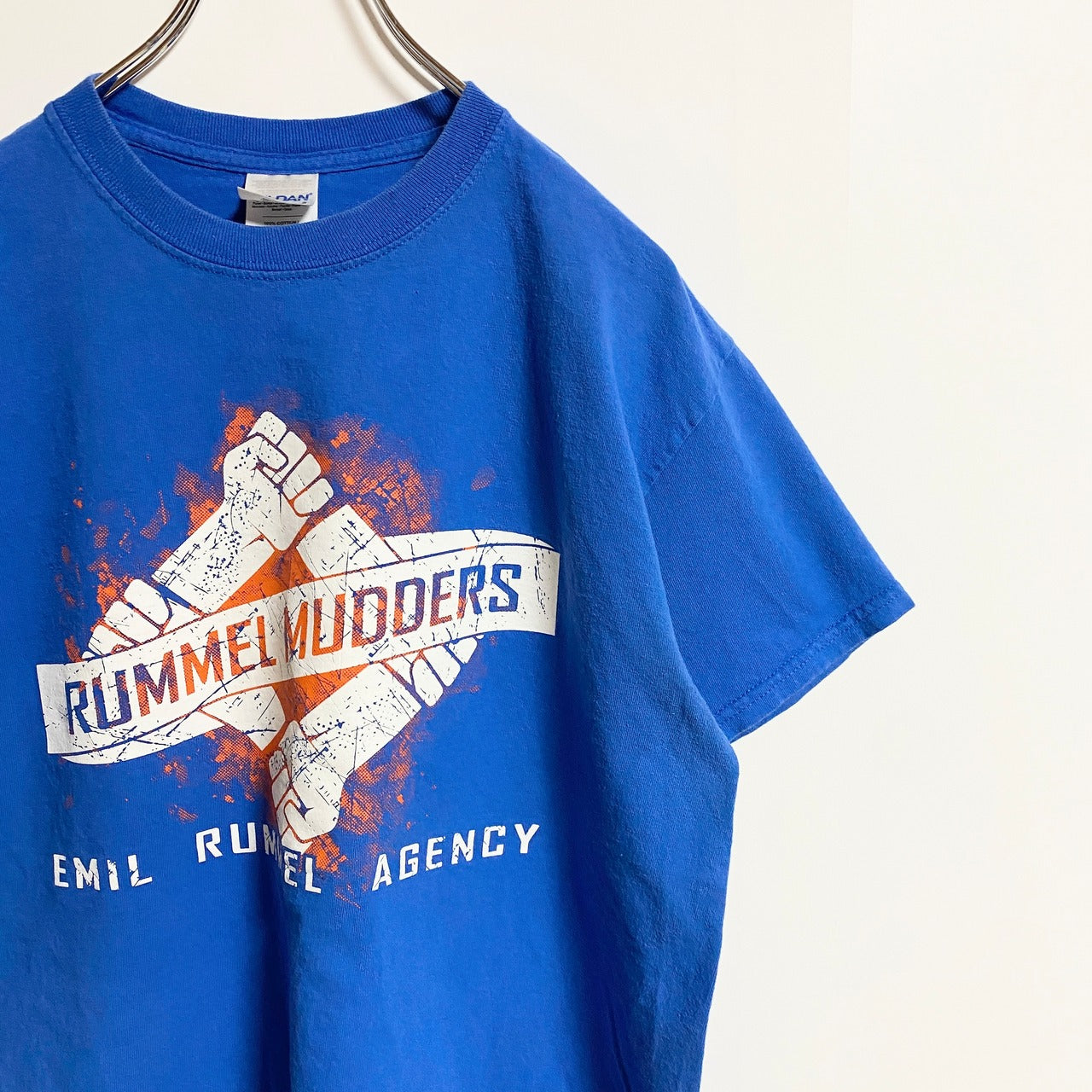 GILDAN　ギルダン　半袖プリントTシャツ　クルーネック　RUMMEL MUDDERS　青　ブルー　春夏服　Mサイズ　古着