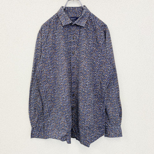 古着 used　bar Ⅲ　長袖花柄シャツ　総柄　スリムフィット　個性的　レトロデザイン　ネイビー　紺　シンプル　