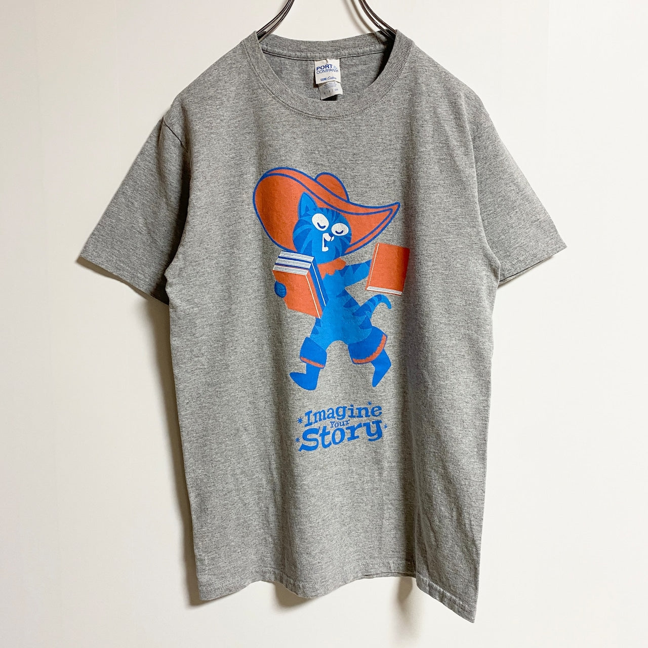 古着 used　PORT&COMPANY　半袖プリントTシャツ　猫　Imagine Your Story　グレー　Sサイズ