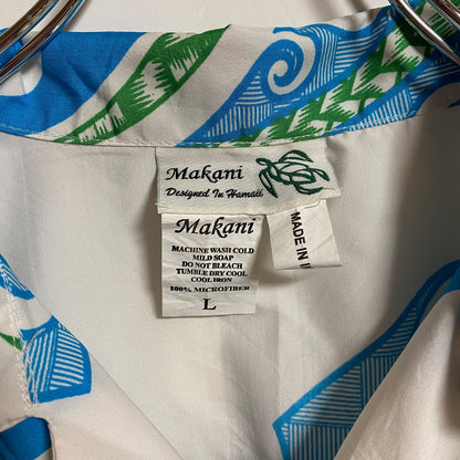 古着 used　Makani　半袖総柄デザイン開襟シャツ　白　ホワイト　水色　ライトブルー　春夏服　レトロ　Lサイズ