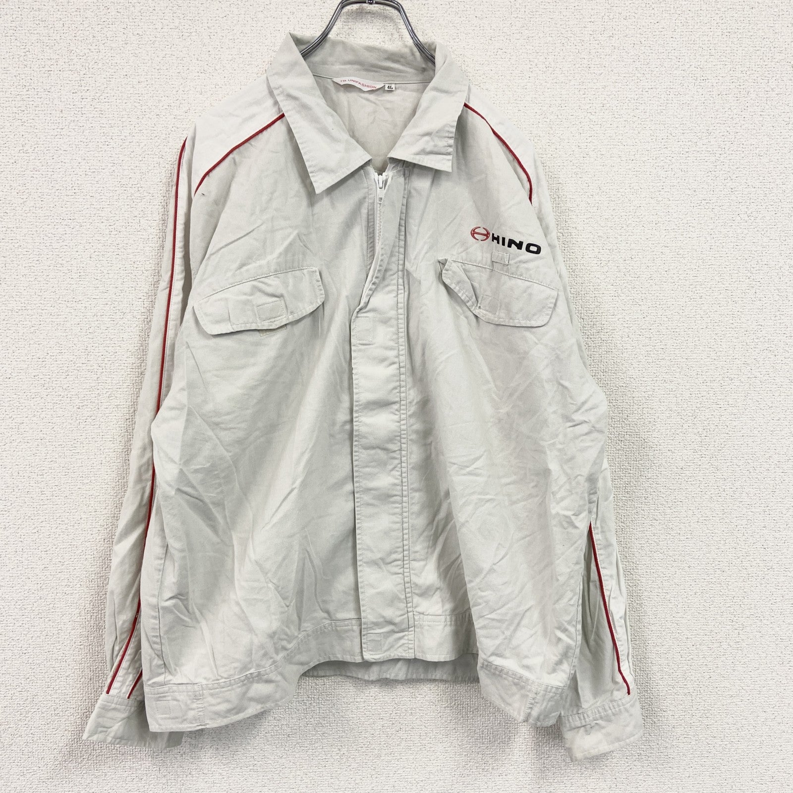 TB UNIFASHION　HINO　日野自動車　ワークジャケット　比翼仕立て　フラップポケット　ライトグレー　4Lサイズ　古着