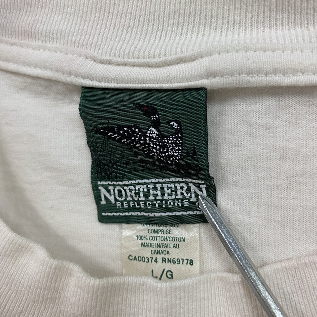 90s～　NORTHERN REFLECTIONS　半袖Tシャツ　アートT　シングルステッチ　白　ホワイト　Lサイズ　　ヴィンテージ　古着