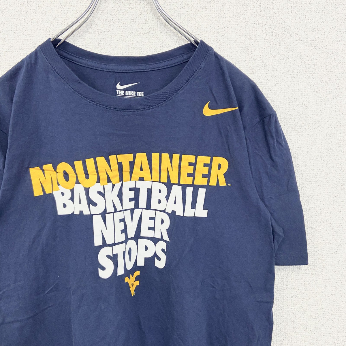 NIKE　ナイキ　半袖プリントTシャツ　バスケットボール　スウッシュマーク　ネイビー　紺　クルーネック　Mサイズ　古着