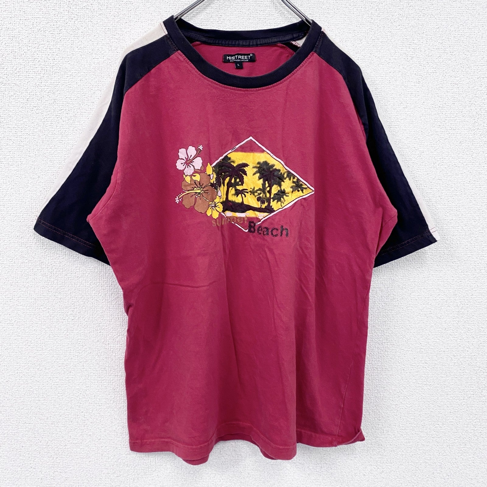 HISTREET　半袖プリントTシャツ　ラグランT　赤　レッド　Lサイズ　古着
