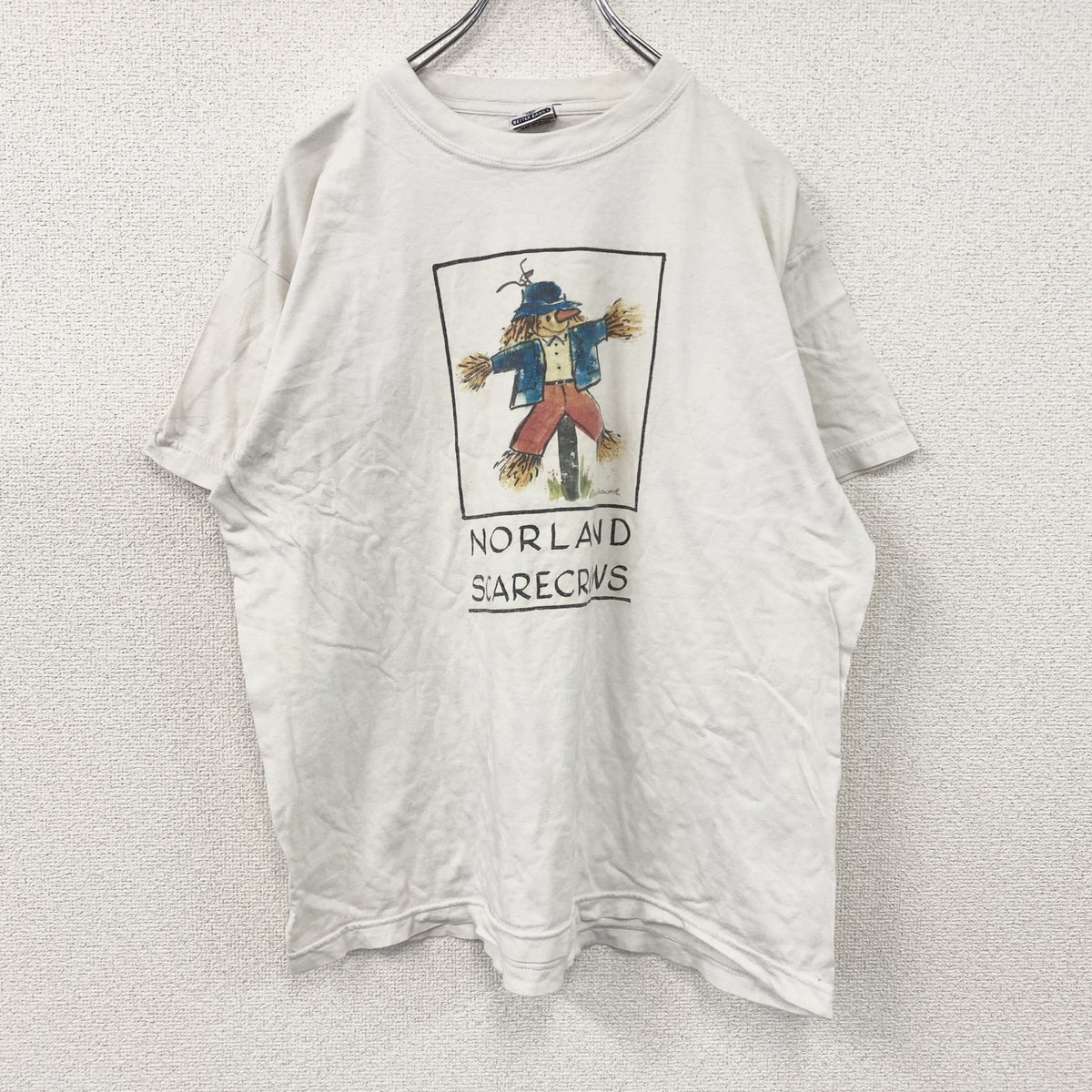 90s～　AIRAK　アイラック　半袖プリントTシャツ　かかし　ヴィンテージ　白　ホワイト　Lサイズ　古着
