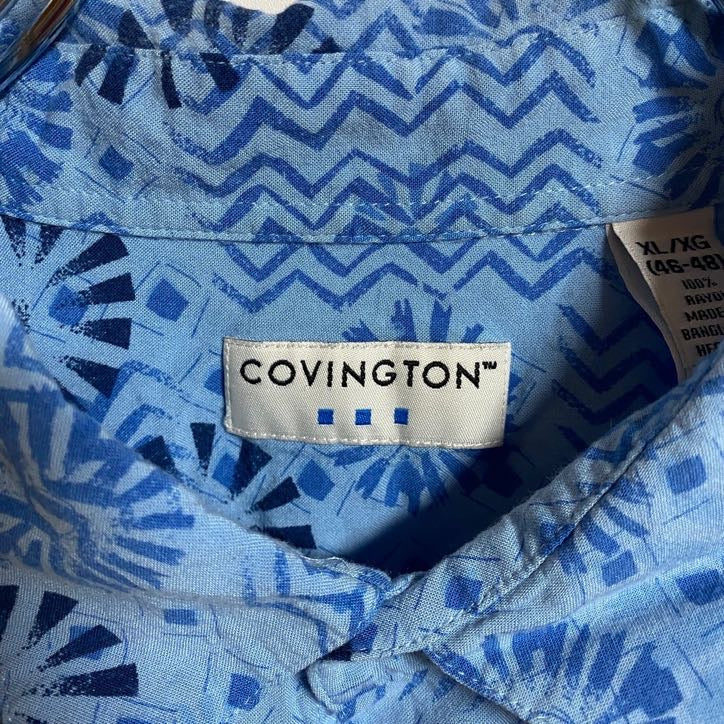 古着 used　COVINGTON　半袖総柄デザインシャツ　花柄　青　水色　ブルー　春夏服　ビッグシルエット　XLサイズ