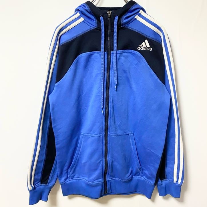 古着 used　adidas　アディダス　長袖ラインフルジップパーカー　ジャージ　フーディー　青　ブルー　スポーティー　Sサイズ