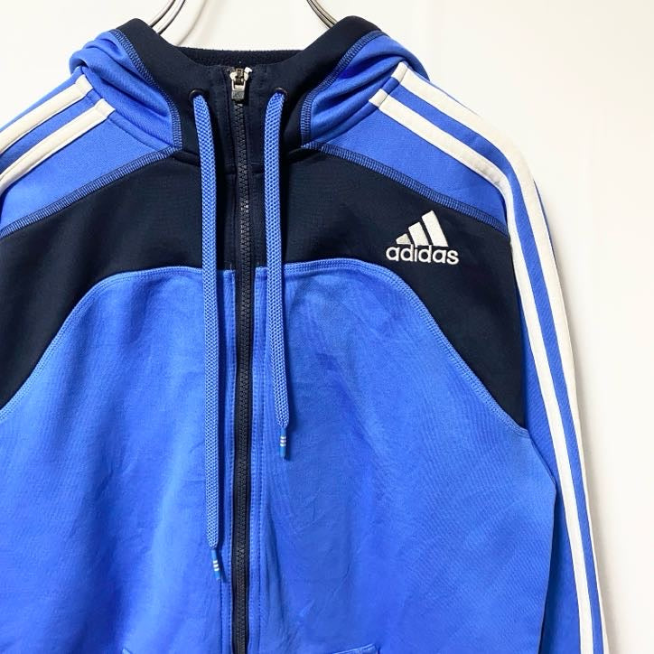 古着 used　adidas　アディダス　長袖ラインフルジップパーカー　ジャージ　フーディー　青　ブルー　スポーティー　Sサイズ