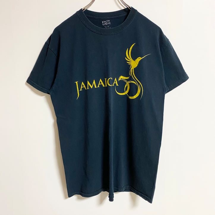 古着 used　半袖ロゴプリントTシャツ　クルーネック　JAMAICA　ジャマイカ　国旗　鳥　黒　ブラック　春夏服