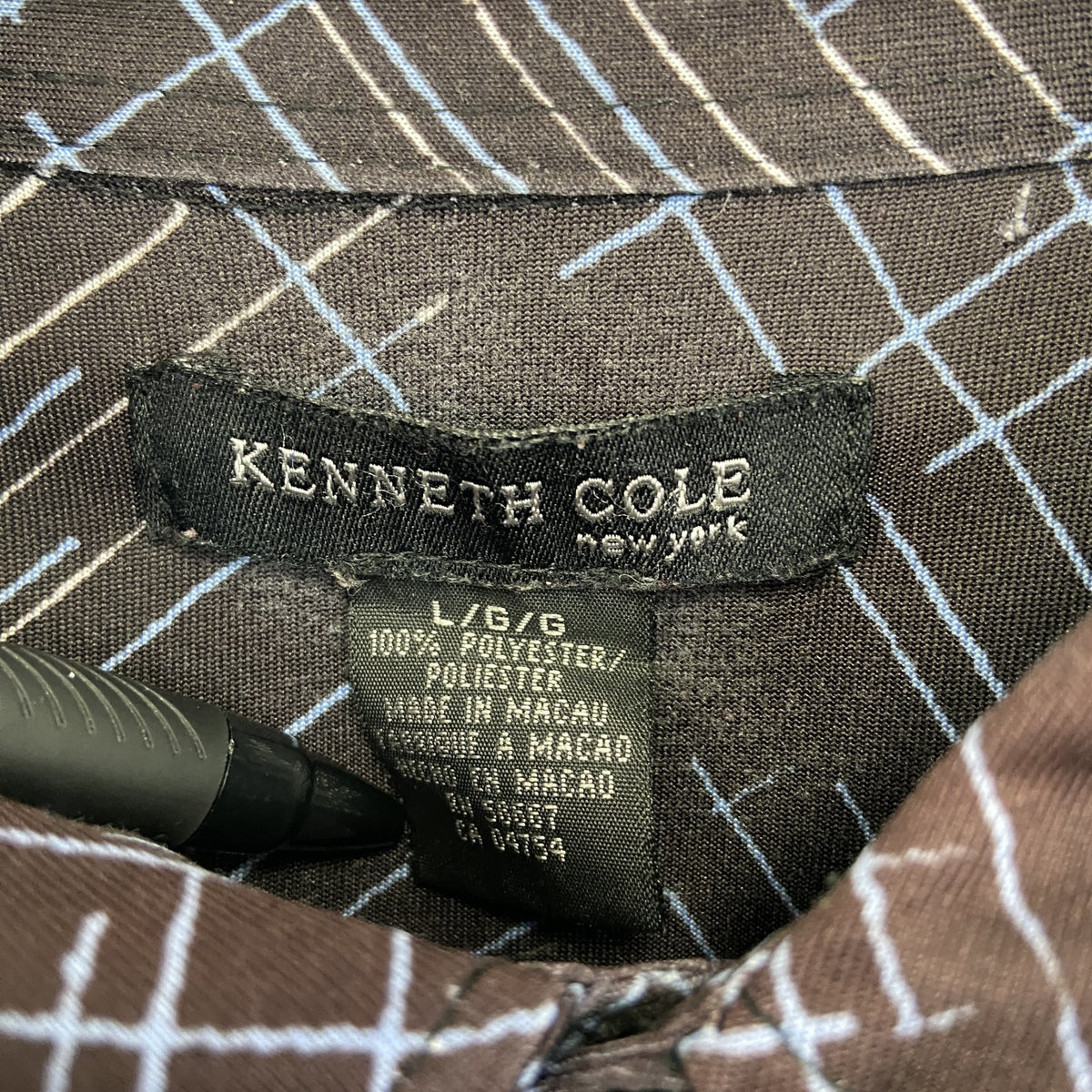 KEENTH COLE　長袖柄シャツ　襟付き　総柄　アトミック柄　個性的　レトロデザイン　モダン　赤紫　Lサイズ　　古着