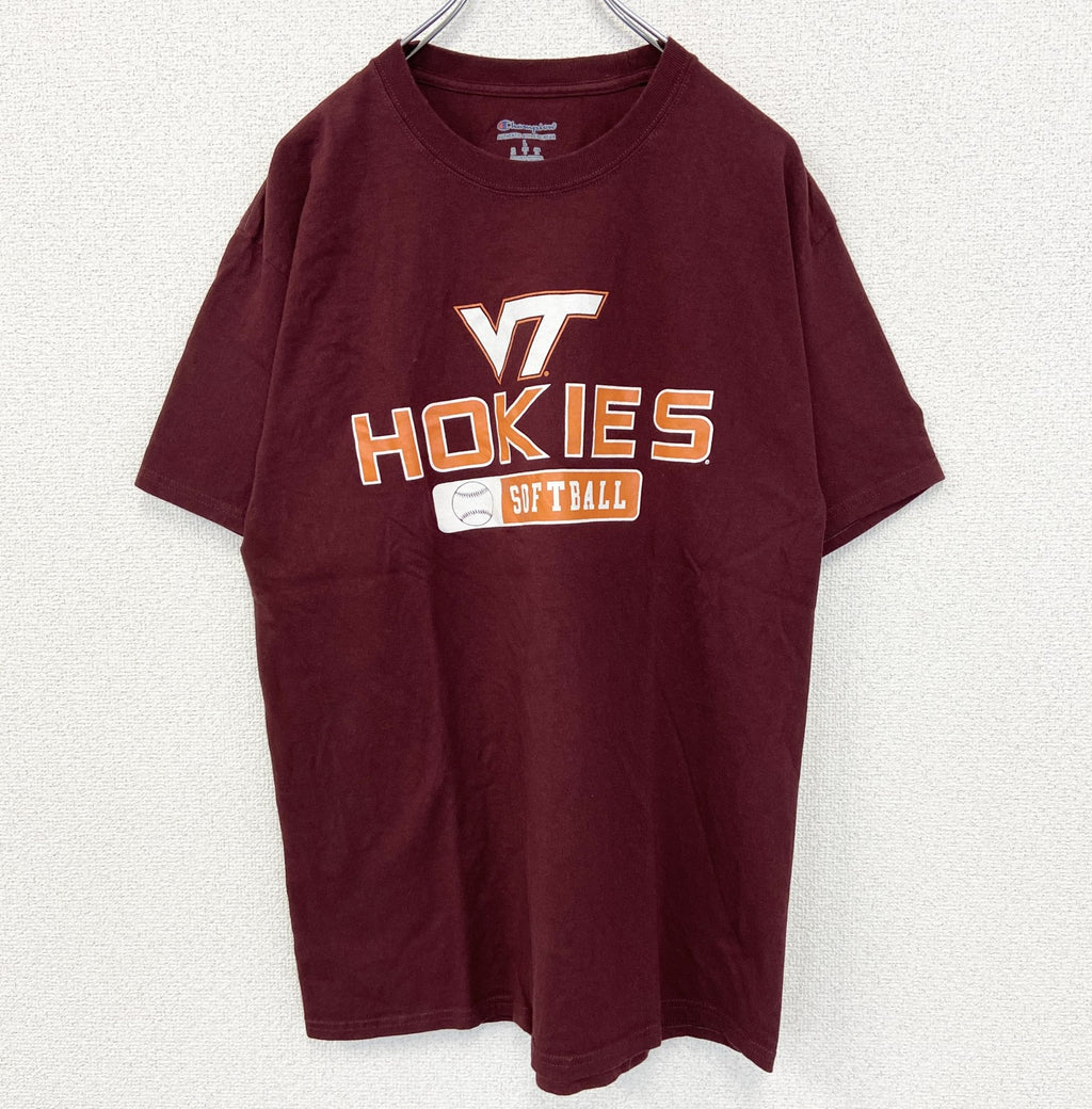 champion　チャンピオン　半袖プリントTシャツ　HOKIES　ソフトボール　クルーネック　赤　レッド　Lサイズ　古着