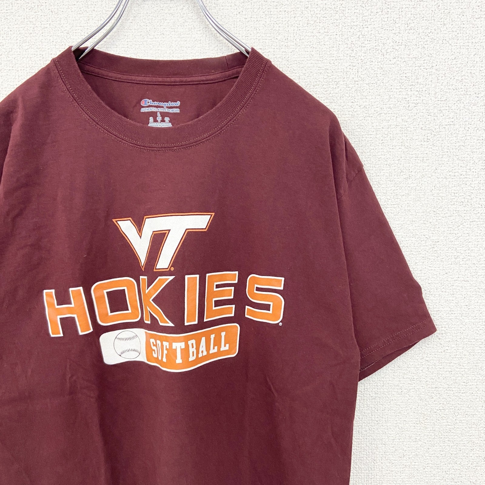 champion　チャンピオン　半袖プリントTシャツ　HOKIES　ソフトボール　クルーネック　赤　レッド　Lサイズ　古着