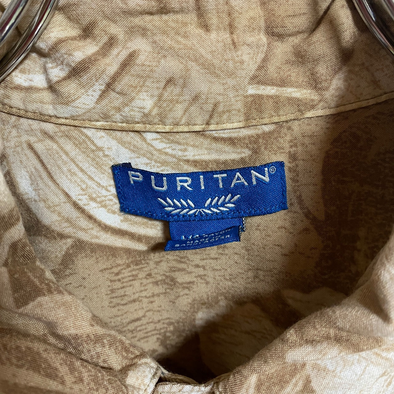 古着 used　PURITAN　ピューリタン　半袖総柄シャツ　アロハ柄　ハイビスカス　ヤシの葉　茶色　ベージュ　春夏服　Lサイズ